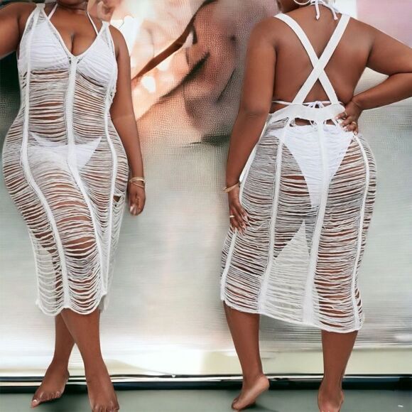 Halter l Blue / White l Soft Stretch l Swimsuit Cover Up, Dress l OX-3X l New - Picture 4 of 10